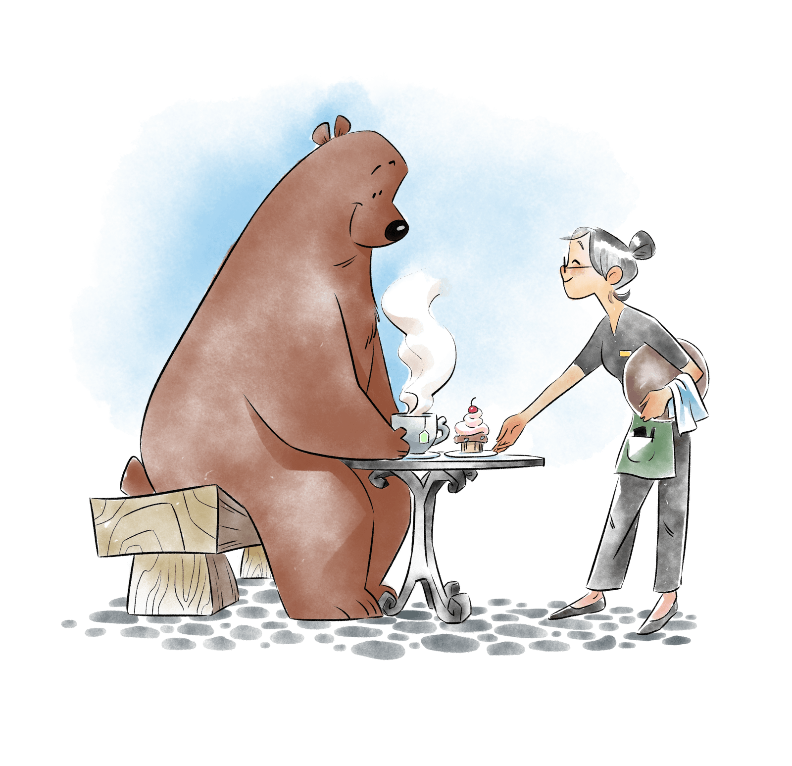 Barry the Bear at the Bear Chair café, a smiling elderly server bringing him tea and a cupcake