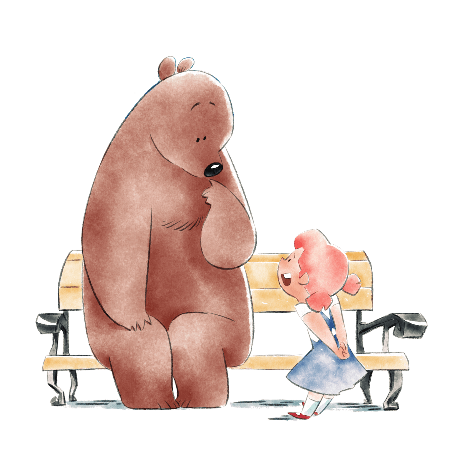 Barry the Bear sits on a park bench, listening to a small girl named Lily who's not scared of him at all